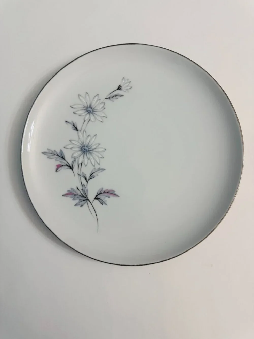 Crown Jewel Fine China Dinner Plates Daisy Floral Silver Trim Vintage Set of 4